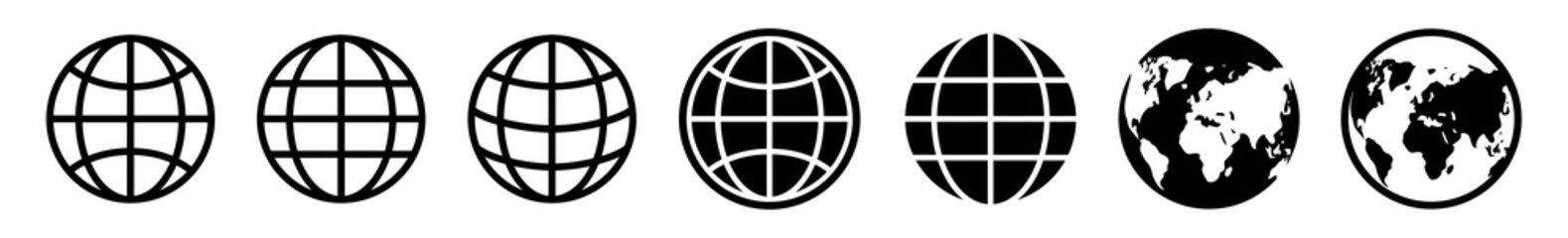 Earth globe vector icon set. World map black icons isolated. World wide web signs on white background. Planet logo symbol in modern flat style. Globe www icons collection.