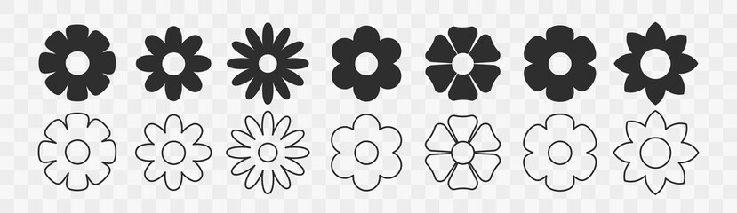 Flowers icons set on transparent background. Floral black pictogram in trendy flat and line style. Nature symbol for decoration design. Vector illustration.