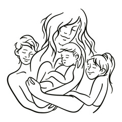 Mother and children. Mom and child line art. Motherhood concept. Mother's day. Vector illustration on white background.