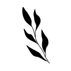 Black sprig with leaves. Fill icon twig. Design element, blank for brush