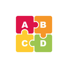 Colorful background puzzle in cartoon style. Jigsaw puzzle banner with letters abc. Alphabet, puzzles game, mosaic template. Vector illustration.