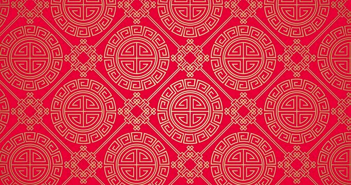 Animation traditional japanese texture. Oriental geometric gold pattern on red. Abstract seamless background for Chinese new year. 4K footage video card moving from left to right or from top to bottom