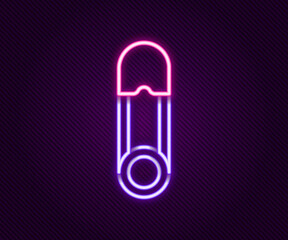 Glowing neon line Classic closed steel safety pin icon isolated on black background. Colorful outline concept. Vector