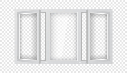Large plastic window with half open casements. Triple plastic window mockup template. Realistic windowpane frame with transparent glass for outdoor interior design.
