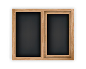 Double casement wooden window mockup template. Realistic window with wood texture frame. Windowpane frame and dark pane for outdoor interior design.