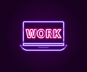 Glowing neon line Laptop with text work icon isolated on black background. Colorful outline concept. Vector