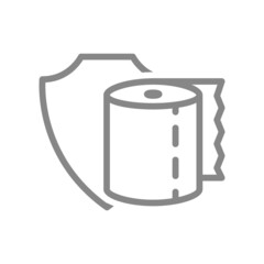 Toilet paper with shield line icon. Paper roll, napkins, cleanliness protection, personal hygiene symbol