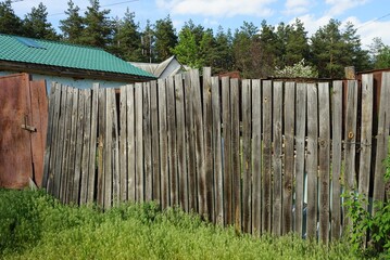 Fototapeta premium gray wall of a rural fence made of wooden boards in green grass on the street