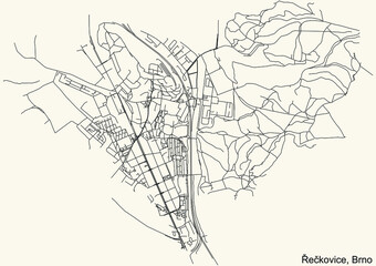 Detailed navigation urban street roads map on vintage beige background of the brněnský quarter Řečkovice district of the Czech capital city of Brno, Czech Republic