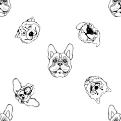 Seamless pattern of hand drawn sketch style portraits of dogs isolated on white background. Vector illustration.