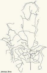 Detailed navigation urban street roads map on vintage beige background of the brněnský quarter Jehnice district of the Czech capital city of Brno, Czech Republic