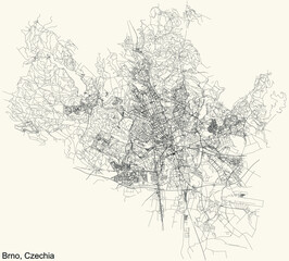 Fototapeta premium Detailed navigation urban street roads map on vintage beige background of the Czech regional capital city of Brno, Czech Republic