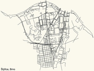 Detailed navigation urban street roads map on vintage beige background of the brněnský Štýřice cadastral area of the Czech regional capital city of Brno, Czech Republic