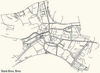 Detailed navigation urban street roads map on vintage beige background of the brněnský Staré Brno cadastral area of the Czech regional capital city of Brno, Czech Republic