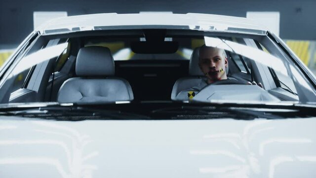 Generic 3d car crash test with people driver. Car destruction. Realistic 4k animation.