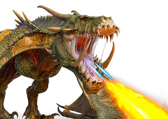 magic dragon spiting fire close up