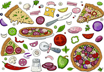 Big italian pizza and pizza ingredients isolated on white background. Hand drawn vector pizza collection.