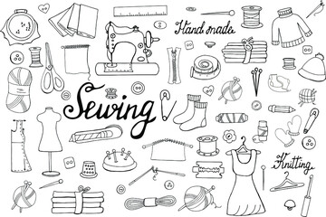Set of hand-drawn black and white elements for sewing on a white background.  Woman needlework