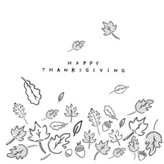 Fall Autumn vector drawing of leaves, acorns for seasonal greeting, menu, store sign - Happy Thanksgiving - Hand-drawn design.