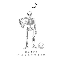 Halloween vector drawing of skeleton, bats, pumpkins for seasonal holiday greeting, store sign, invitation - Happy Halloween - Hand-drawn design.