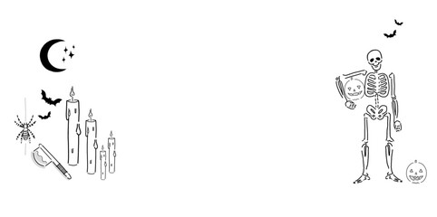 Halloween vector drawing of skeleton, bats, pumpkins, moon, candles, and spider for seasonal holiday greeting, store sign, invitation - Graphic Element - Hand-drawn design. Horizontal banner. 