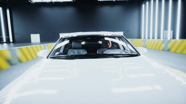 Generic 3d car crash test with crashtest dummy. Car destruction. Realistic 4k animation.