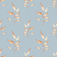 Seamless background with falling leaves doodles on baby blue background. Luxury pattern for creating textiles, wallpaper, paper, scrapbook. Vintage. Romantic floral Illustration