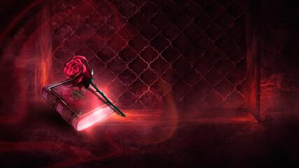 Fantasy magic dark red background, night landscape, red rose and old book. Vintage magic book of love with bokeh hearts. Smoke, smog, red neon reflection on water. Magic, fortune telling. 3D.  © MiaStendal