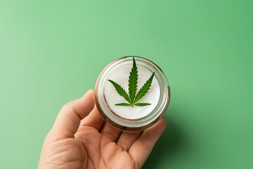 Moisturizer skin care cream with fresh cannabis sativa leaf in a woman hand palm against green background. Herbal hemp cosmetics. Medical marijuana plant for face and body care.