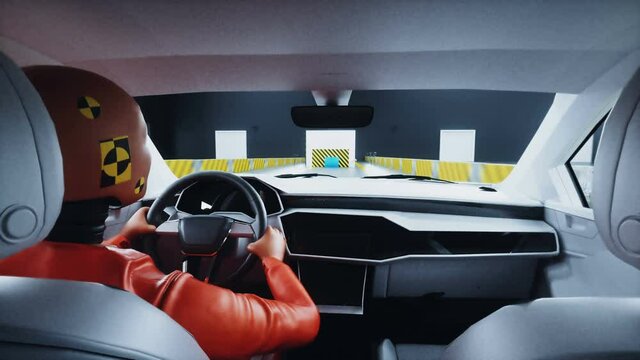 Generic 3d car crash test with crashtest dummy. Car destruction. Realistic 4k animation.