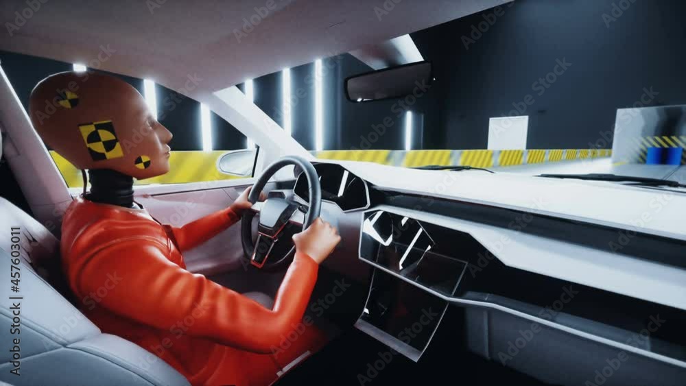Wall mural generic 3d car crash test with crashtest dummy. car destruction. realistic 4k animation.
