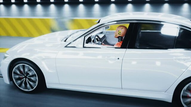 Generic 3d car crash test with crashtest dummy. Car destruction. Realistic 4k animation.