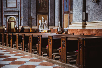 Benches in the Catholic Church of the Esztergom Basilica in Esztergom, Hungary