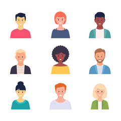 Young multicultural people team set. Diverse business men and women avatars collection. People cute characters. Vector illustration isolated on white.	