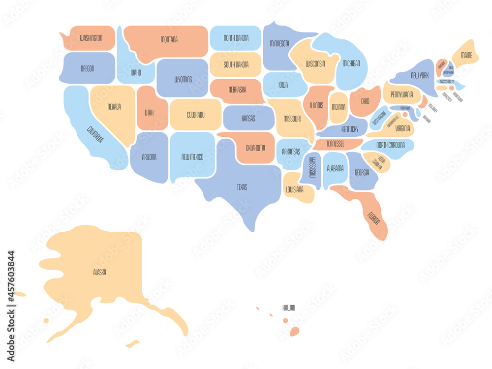 Poster simplified map of usa, united states of america. rounded shapes of states with smooth border. simple