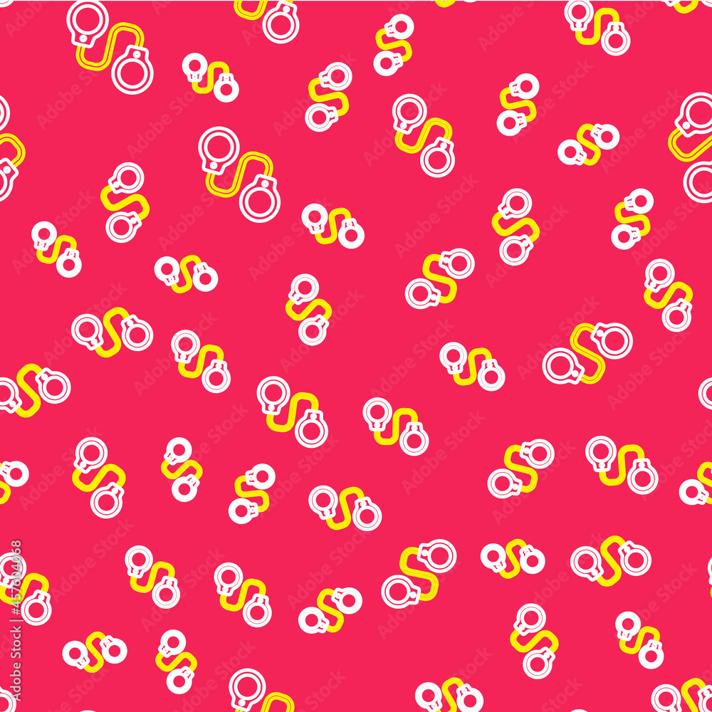 Poster line handcuffs icon isolated seamless pattern on red background. vector