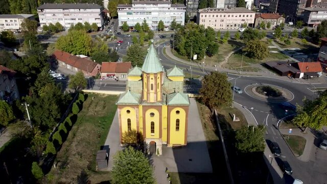 Aerial drone view of Orthodox church. Old church and bell tower in city of Zenica, Bosnia and Herzegovina.