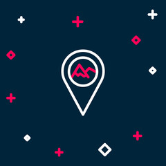 Line Map pointer with mountain icon isolated on blue background. Mountains travel icon. Colorful outline concept. Vector