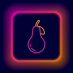 Glowing neon line Pear icon isolated on black background. Fruit with leaf symbol. Colorful outline concept. Vector