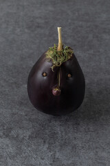 Funny eggplant with black pepper eyes  and with hair of green peas, closeup on grey background....