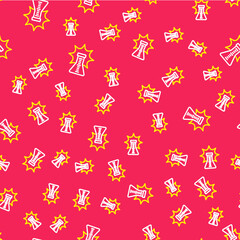 Line Chemical experiment, explosion in the flask icon isolated seamless pattern on red background. Chemical explosion in a test tube. Vector