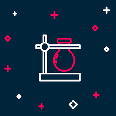 Line Glass test tube flask on stand icon isolated on blue background. Laboratory equipment. Colorful outline concept. Vector