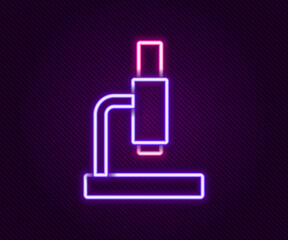 Obraz premium Glowing neon line Microscope icon isolated on black background. Chemistry, pharmaceutical instrument, microbiology magnifying tool. Colorful outline concept. Vector