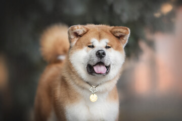 A classic close-up portrait of male Akita inu on the background of a sunset winter landscape 