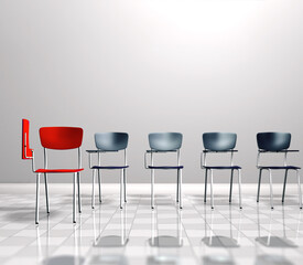 Fila de sillas de estudiantes y silla roja en el pasillo y pared blanca. Concepto de elección y oportunidad. Ser único.Ilustración 3d.