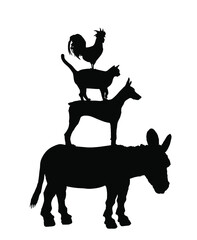 Town Musicians of Bremen, the statue vector silhouette illustration isolated on white background. loud animals symbol pyramid. Donkey, dog, cat and cock rooster. Popular fairy tale illustration.  - obrazy, fototapety, plakaty