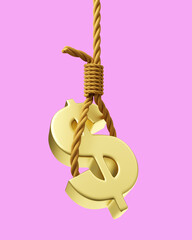 Golden Dollar Symbol in Hangman's knot on pink background