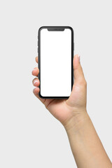 Mockup of female hand holding a black smartphone  with blank screen isolated on light grey background | App & UI Mockups 