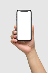 Mockup of female hand holding a black smartphone  with blank screen isolated on light grey background | App & UI Mockups 