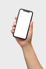 Mockup of female hand holding a black smartphone  with blank screen isolated on light grey background | App & UI Mockups 